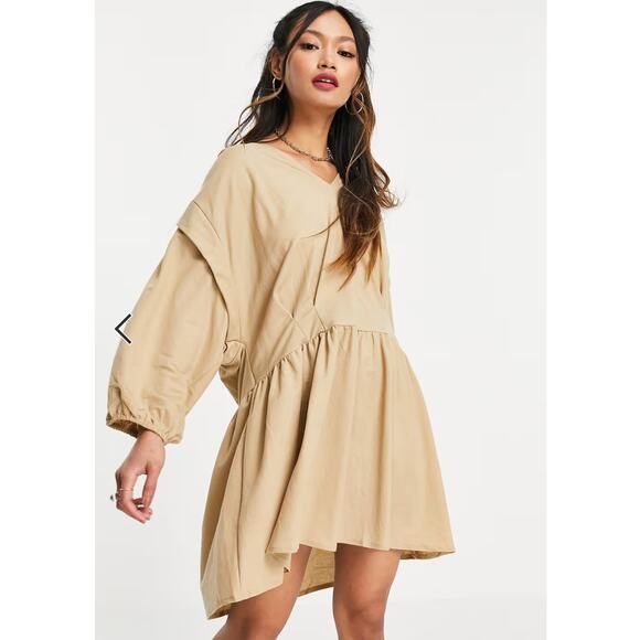Mango Smock Mini Dress Women Large Tan V Neck Boho Relaxed Peasant Cottagagecore - Picture 2 of 14
